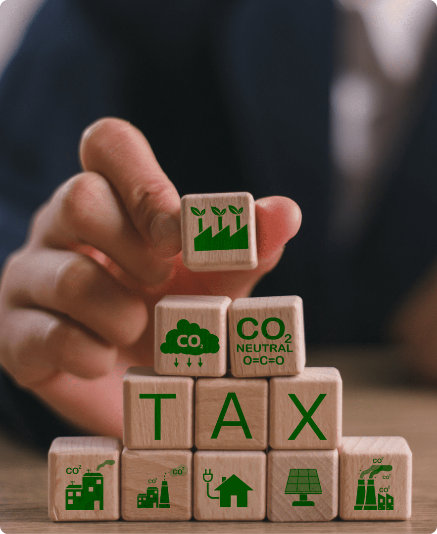 Wooden blocks forming "TAX" with eco symbols